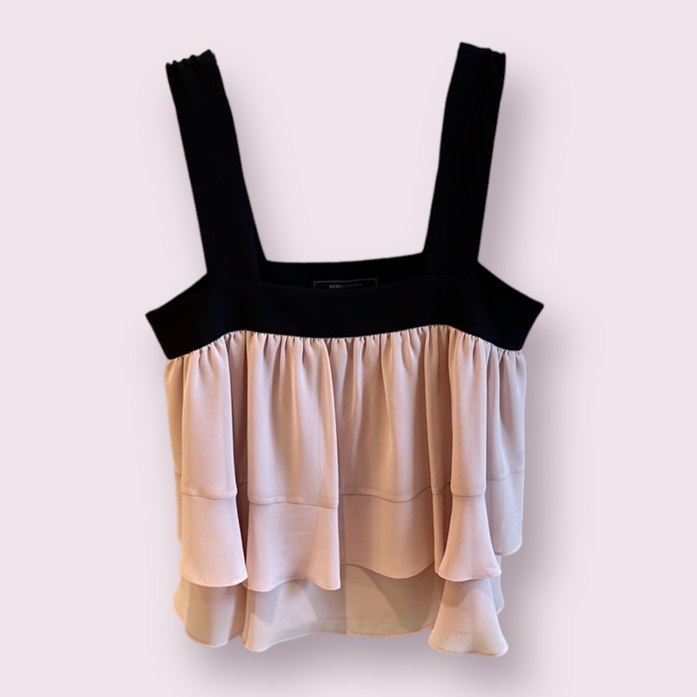 BCBGMaxAzria Women’s Chiffon Flowy Layered Square Tank Top in Pink/Black, XXS